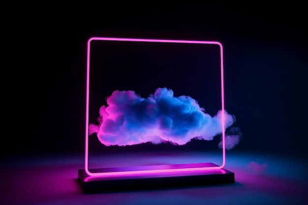 Neon pink and blue lights in a square frame with cloud formation on dark background