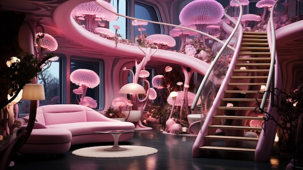 Neon pink light mushrooms house with stair