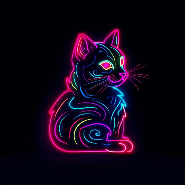 Neon pink outline of a cat on a black background Witch cat halloween Vector illustration