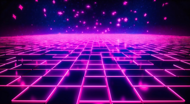 A neon pink and purple square background with stars