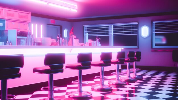 Neon pink retro diner interior with bar stools end checkerboard floor