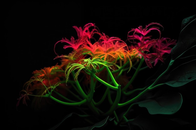 Neon plant against black background with pop of color created with generative ai