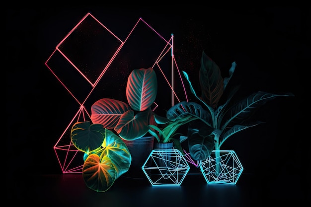 Neon plant surrounded by geometric shapes against black background created with generative ai