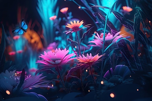 Neon plantentuin met bloeiende bloemen en insecten op een onscherpe achtergrond