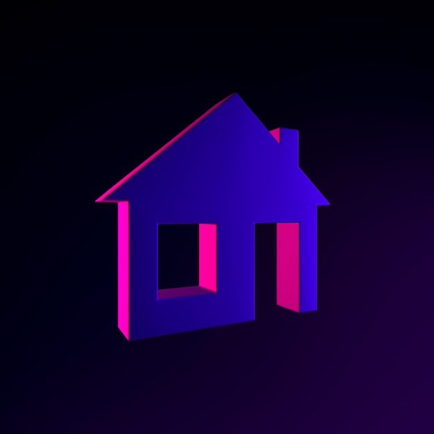 Neon platte huisje. 3d-rendering ui ux interface-element. donker gloeiend symbool.