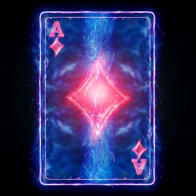 Foto carta da gioco al neon per poker ace diamante su uno sfondo nero isolato. modello di progettazione. concetto di casinò, gioco d'azzardo, intestazione per il sito. copia spazio, illustrazione 3d, rendering 3d.