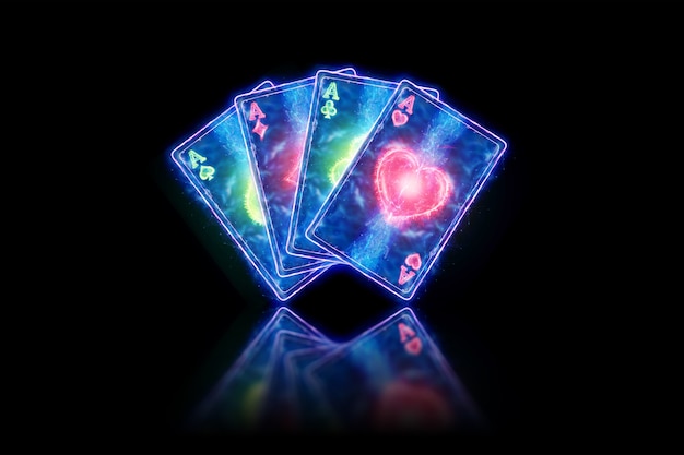 Neon playing cards for poker, four aces on a dark background. Design template. Casino concept, gambling, header for the site. Copy space, 3D illustration, 3D render.