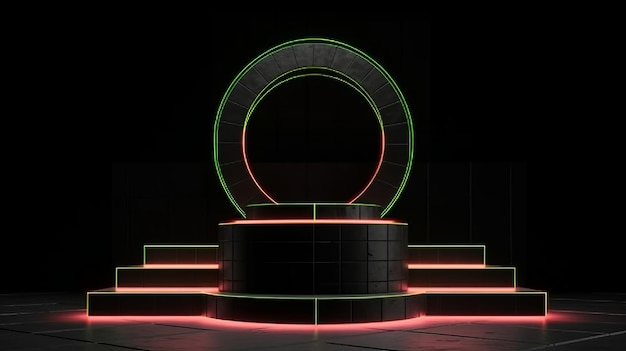 Neon podium black stone stand studio Generative AI