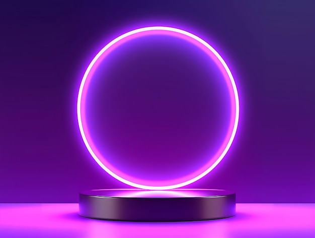 Neon podium for display product Futuristic purple background for product branding