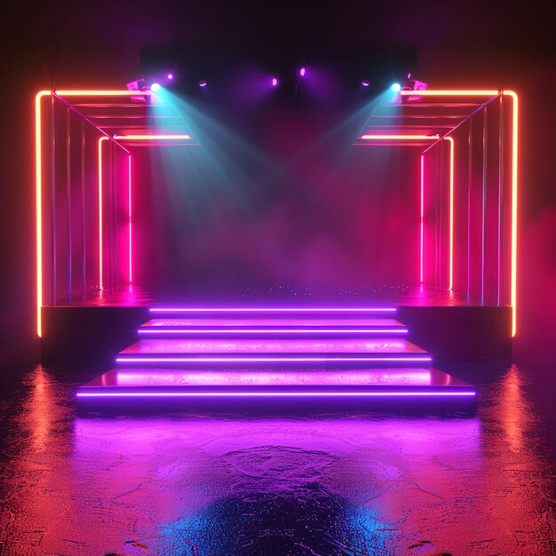 Foto neon podium met een realistische achtergrond