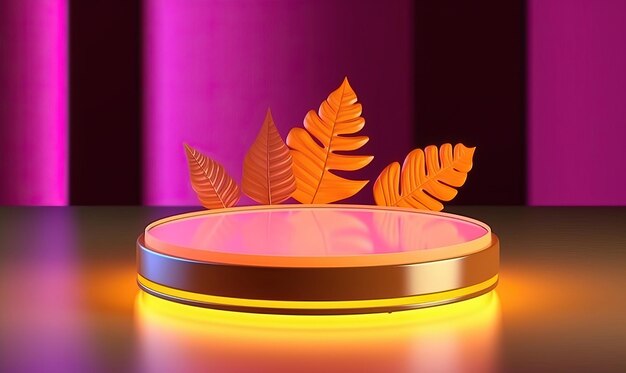 Neon podium for product presentation neon light ground product podium green tree leaves leaf