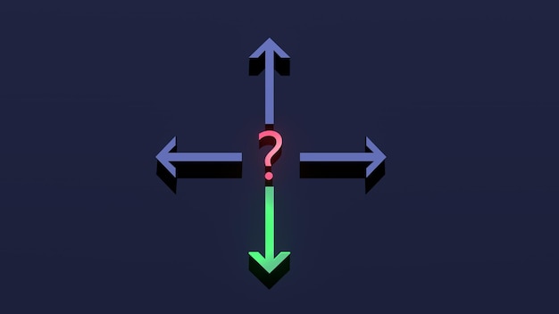 質問マーク付きのネオンポインター矢印パス移動コンセプトの選択3Dレンダリングイラスト
