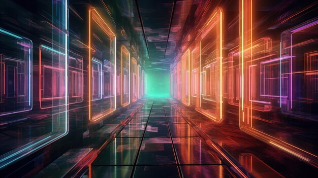 Neon portal scene corridor with pulsating holographic light with bright lights ray light effect movement in tunnel Scifi background 3d effect