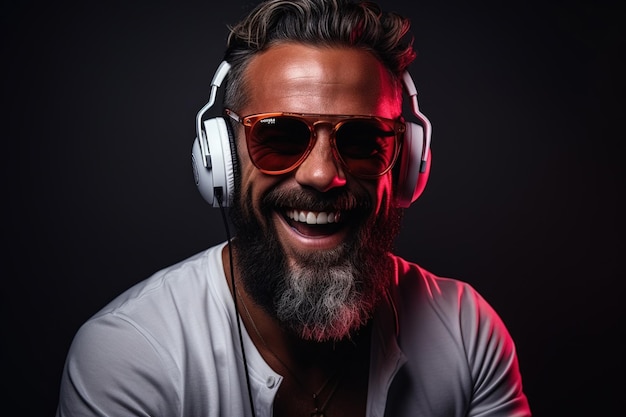 Неоновый портрет бородатого улыбающегося человека в наушниках, солнцезащитных очках, белой футболке, слушающего музыку.