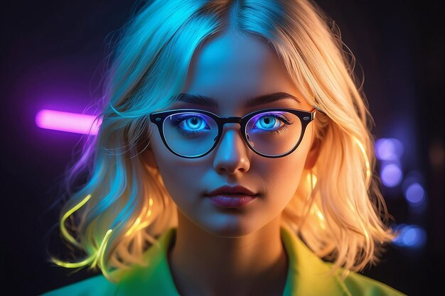 Неоновый портрет блондинки в очках, смотрящей на свет