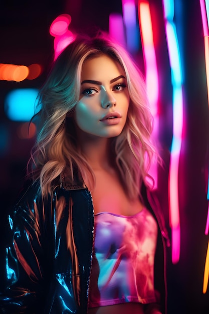 neon portrait of a cute blonde young woman