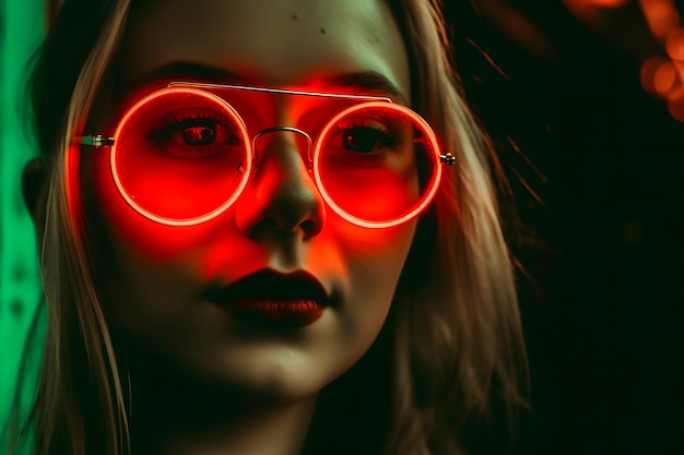 Neon portrait of a girl with glasses neural network ai generated