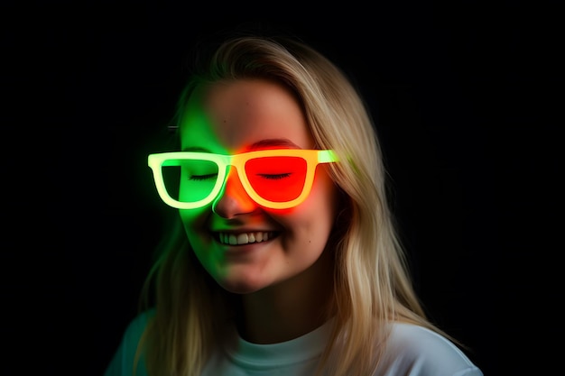 Неоновый портрет девушки в очках, созданный нейронной сетью AI