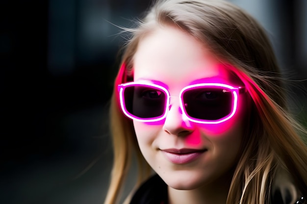 Неоновый портрет девушки в очках, созданный нейронной сетью AI