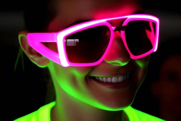 Foto ritratto al neon di una ragazza con gli occhiali generato da una rete neurale