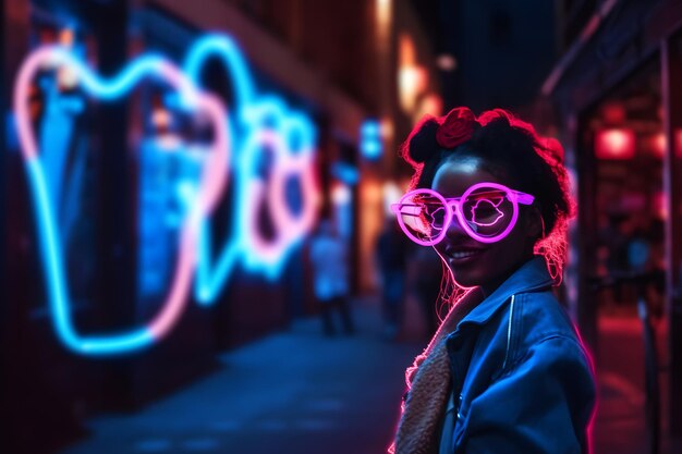 Neon portrait of a girl with glasses neural network ai generated