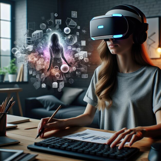Foto ritratto al neon di una giovane donna che indossa occhiali vr cuffie vr realtà virtuale progresso tecnologico