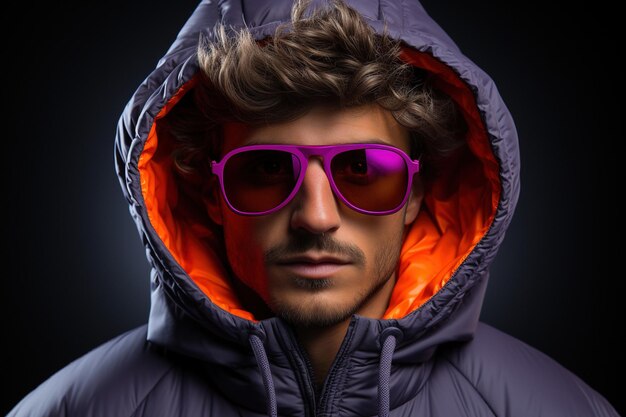 Neon portrait of young man in round sunglasses and hoodie Studio shot