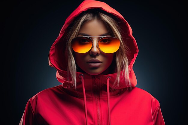 Neon portrait of young woman in round sunglasses and hoodie Studio shot