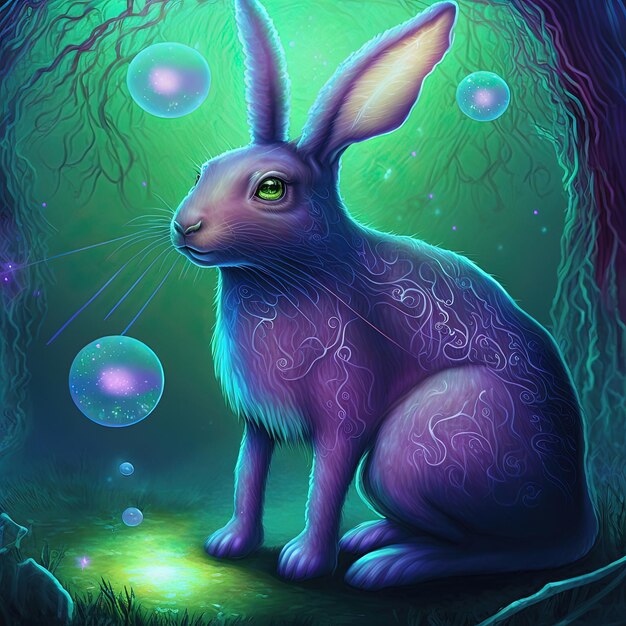 Neon psychedelic rabbit in enchanted forest Generative AI Not based on any actual scene or pattern