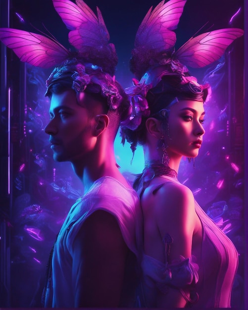 Neon Punk man and woman with butterflies on their heads 8k Resolution