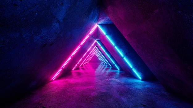 Neon Purple Blue Laser Lines Sci Fi Futuristic Concrete Cement Reflective Showroom Stage Podium Fashion Tunnel Corridor Hallway Garage Show Underground 3D Rendering