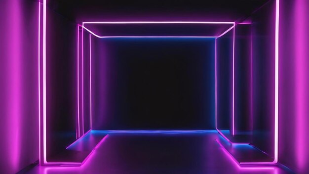Neon purple and blue led light on black background empty space