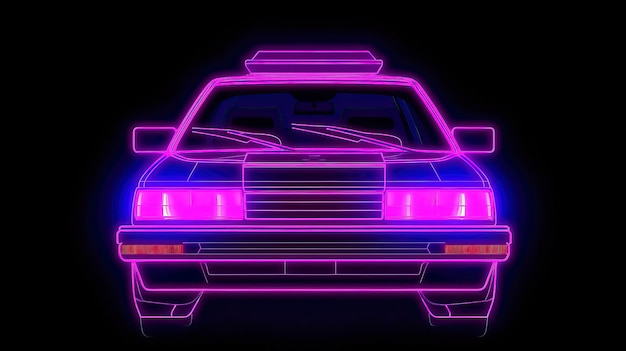 A neon purple car with the back of a car in the dark.