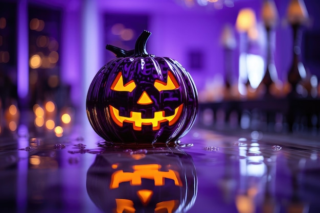 Neon purple jack o lantern pumpkin for halloween generative ai