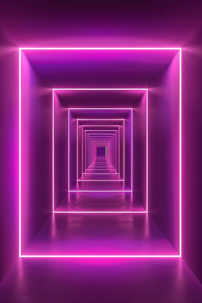 neon purple square tunnel with glowing light effects creating an infinite illusion of depth