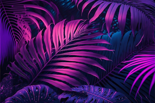 Photo neon purple tropical palm leaf background illustration