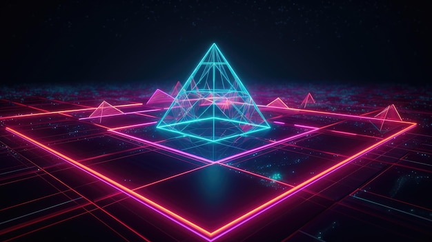 A neon pyramid in the middle of a space