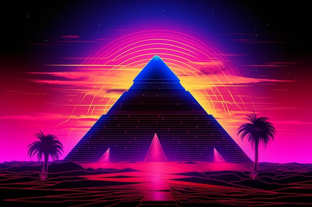 A neon pyramid with palm trees on the horizon.