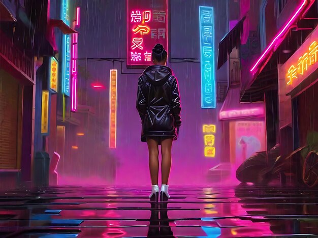 Photo neon rain a luminous symphony in the urban night step into the vibrant embrace of neon rain