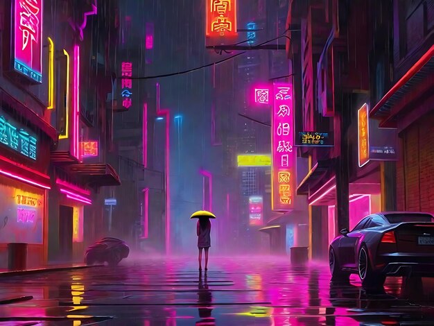 Photo neon rain a luminous symphony in the urban night step into the vibrant embrace of neon rain