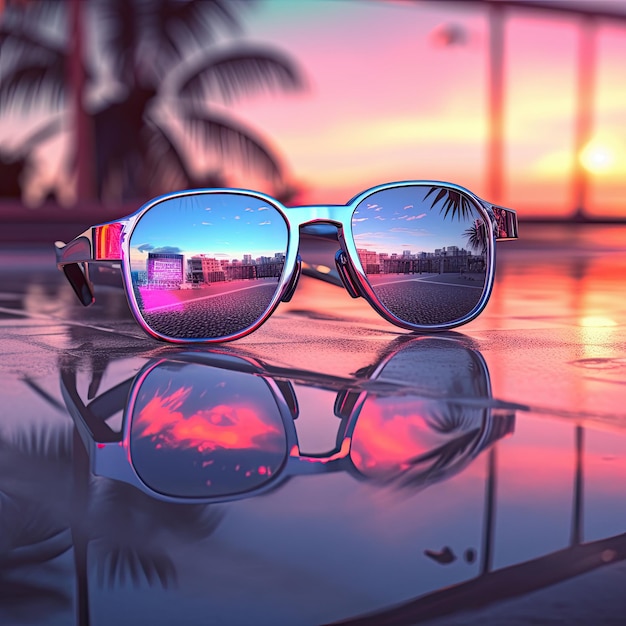 Неоновая радужная синтетическая волна эстетическое отражение заката в солнцезащитных очках
