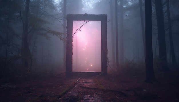 Foto neon rechthoekige poort tussen de bomen in een mistig bos gradiënt esthetisch