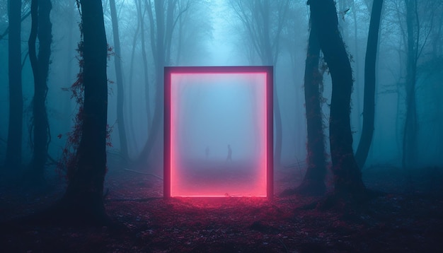 Photo neon rectangleportal among the trees in a foggy forest gradient aesthetic