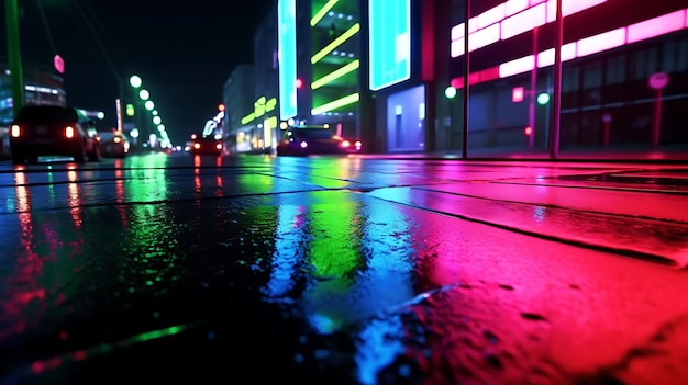 Neon red neon green blue neon purple neon color at night reflected on the street