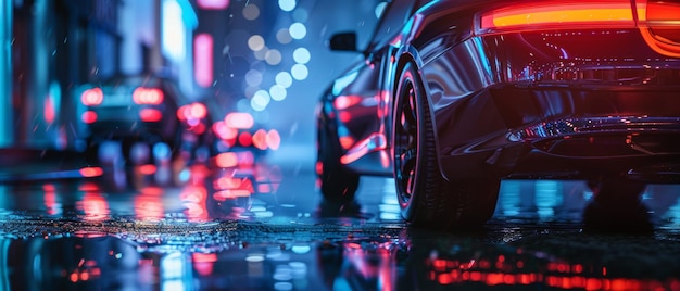 Foto i riflessi di neon danzano sulle strade bagnate della città di notte.