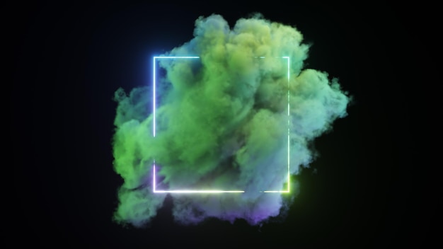 Neon regenboog vierkant op een geïsoleerde zwarte achtergrond Een blauwgroene wolk vliegt rond en binnen het vierkant