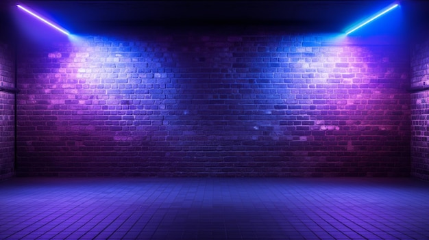 Neon Retro Brick Walls Club Fog Dark Fog Empty Hallway Corridor Garage Room Studio Dancing Luminous Blue Purple Spot Lights Concrete Floor