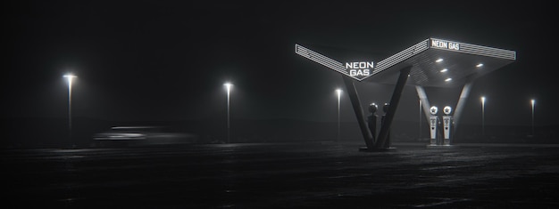 Neon retro gas station at night Fog rain reflections on aspha