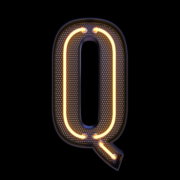 Neon retro Light Alphabet letter Q isolated on a black background with Clipping Path. 3d illustration.