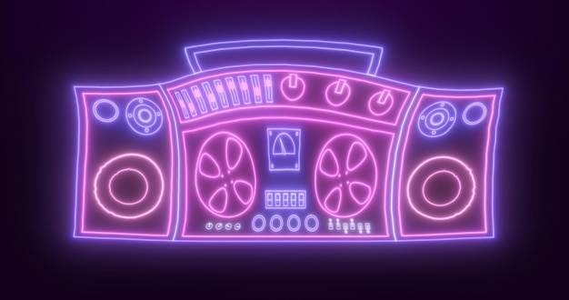 Neon retro tape recorder for listening to songs old vintage hipster luminous bluepurple